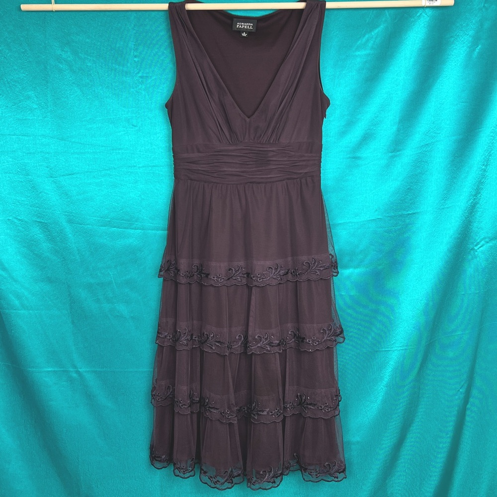 Adrianna Papell Brown Dress, sleeveless, tiered & embroidered ruffles.